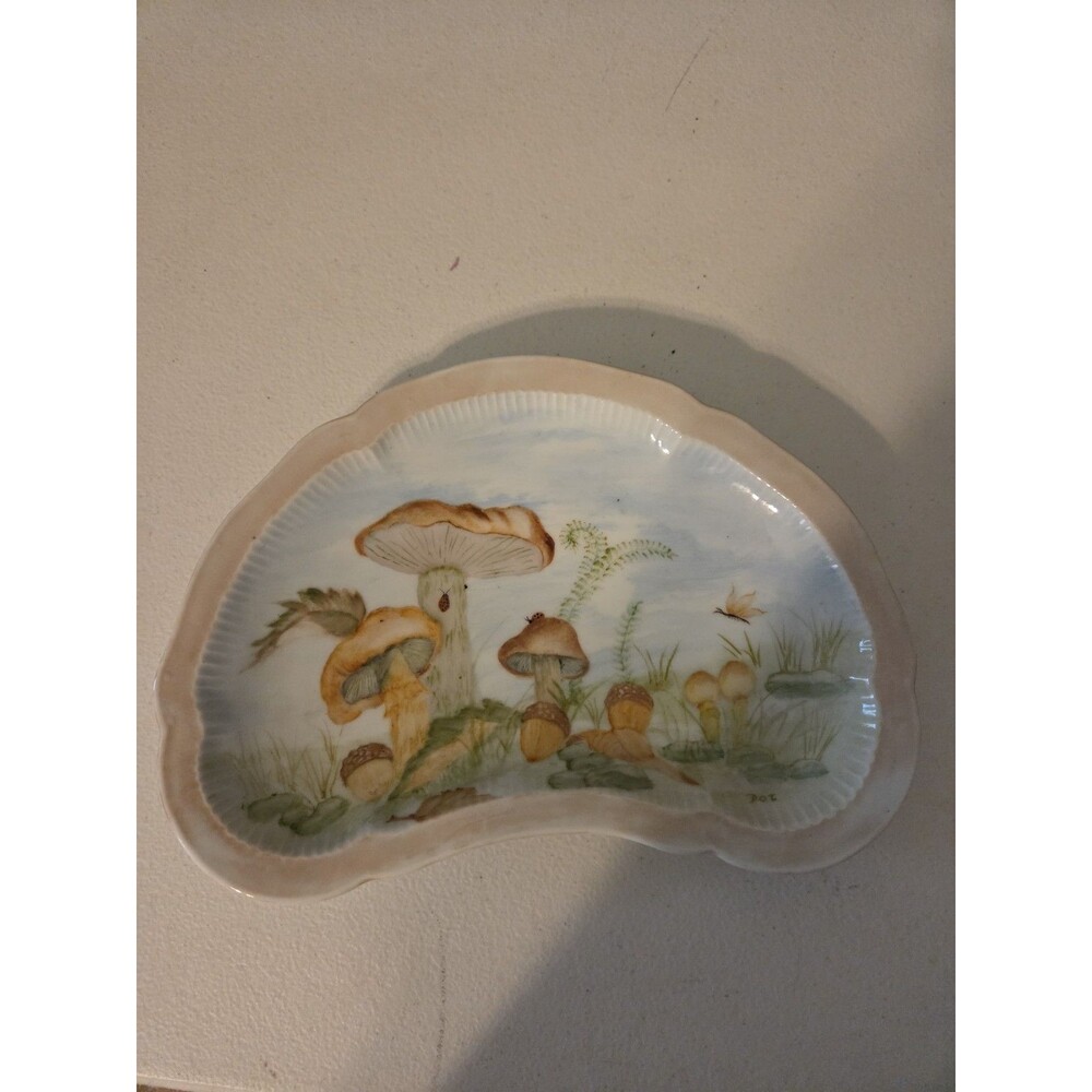 Vintage 1979 Hand Painted Mushroom Crescent Dish Trinket Tray Acorns Ladybug